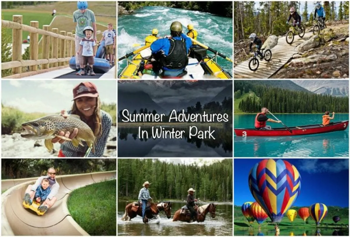 An action-packed exterior image highlighting families and friends engaging in diverse outdoor summer activities: white water rafting, kayaking, biking, fishing, horseback riding, water sliding, and even hot air ballooning, all set against a stunning natural landscape of mountains and water.
