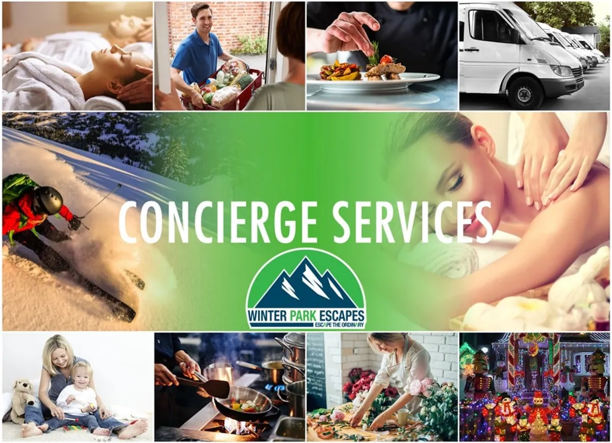 A collage-style interior scene featuring a variety of activities and amenities: someone enjoying a spa treatment, a gourmet meal being delivered, a skier heading out, family members gathering together, festive holiday decorations, and a kitchen space. The atmosphere is lively and welcoming, with an emphasis on both relaxation and adventure.
