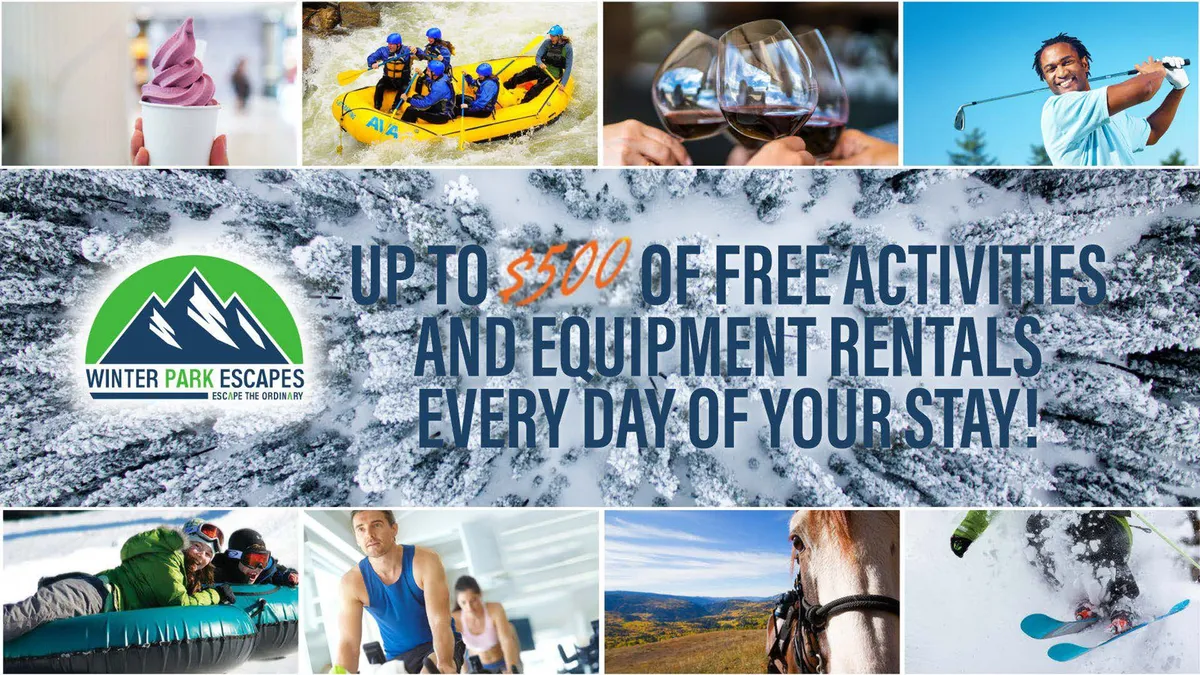 A dynamic collage showing guests engaging in a range of outdoor activities, including white-water rafting, skiing, golfing, horseback riding, enjoying sweet treats, and participating in indoor games. The image conveys excitement and the promise of diverse, memorable experiences in all seasons.