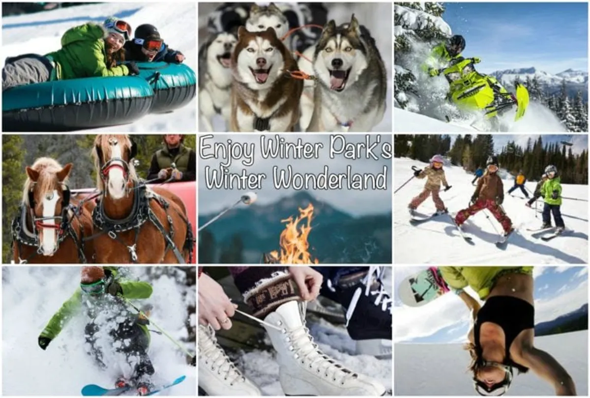 A vibrant collage-style interior image depicting a range of exciting winter activities: people tubing, huskies for dog sledding, snowmobiling, a horse-drawn sleigh, skiing, ice skating, children playing in the snow, and a welcoming fire pit. The scene radiates family fun, adventure, and joyful group moments, all set against a wintry backdrop.